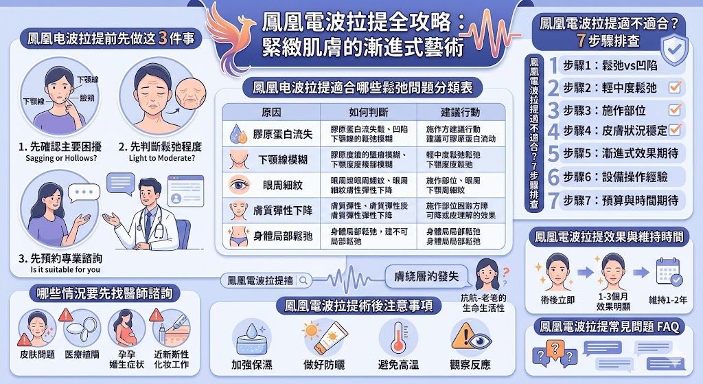 鳳凰電波拉提是常見的非侵入式緊膚療程，透過單極電波加熱深層真皮層與皮下組織，促進膠原蛋白收縮與新生。本文整理鳳凰電波拉提適合族群、改善部位、效果時間、維持多久與術後注意事項，幫助想改善輪廓鬆弛、細紋與膚質彈性下降的人，在諮詢前先掌握重點。